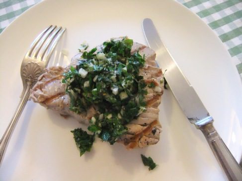 Tuna Steak with trifolato of herbs & garlic