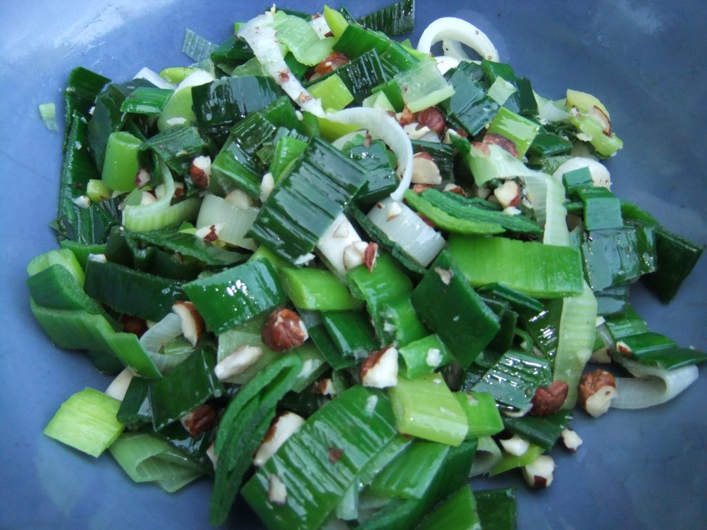 Warm leek & hazelnut salad